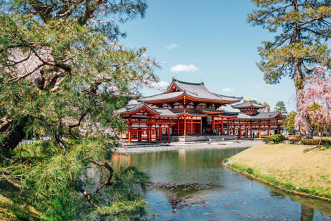 A multi-roofed, red Japanese temple stands across a pond in a garden with pine and blossoming cherry trees.